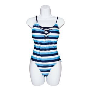 Nautica Lace Up Striped One Piece Swimsuit Blue Size XL
